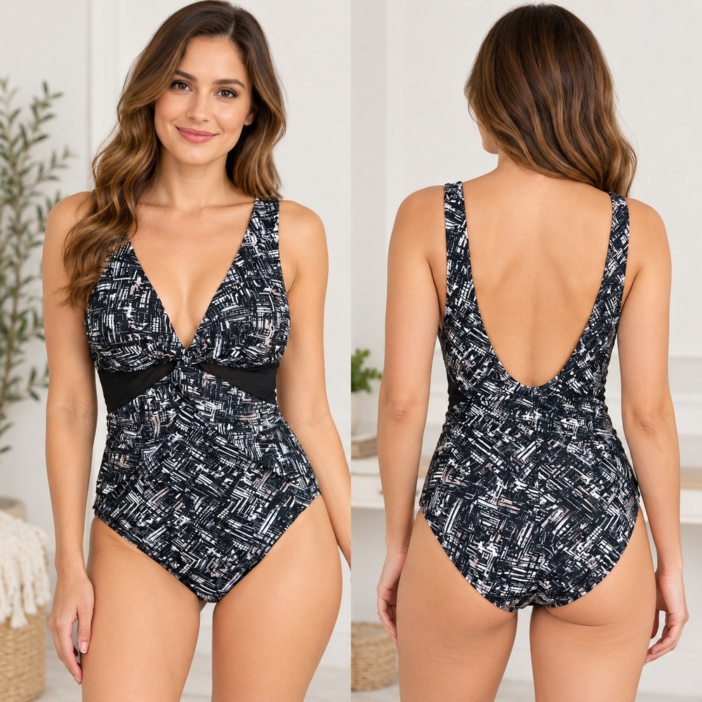 NWT Miraclesuit Twist of Fate One Piece Swimsuit Women 16 Black White Abstract